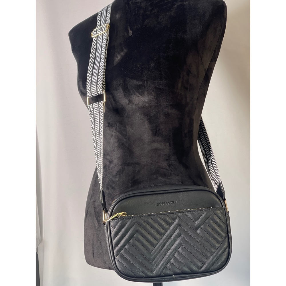 Bostanten Black Quilted Vegan Leather Crossbody Camera Bag Guitar Strap Gold HW